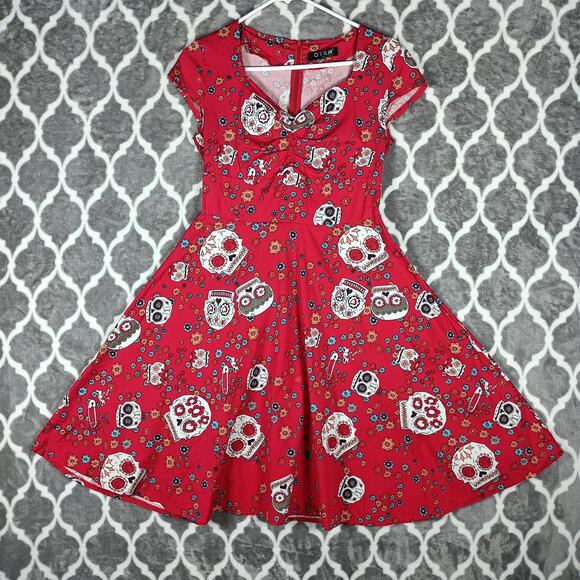 Oten Dress Womens Medium Red Sugar Skull Floral Day of the Dead Cap Sleeve Retro - Picture 1 of 9